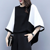 雪纺衫女短袖2021夏季韩版时尚宽松大码黑白，拼接百搭上衣