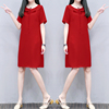 2024夏季女装时尚翻领大红色裙子休闲中长款宽松显瘦连衣裙女