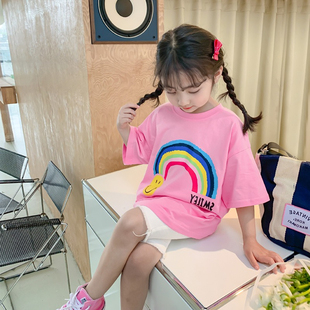女童粉红色短袖2024夏装洋气纯棉，半袖t恤中大儿童彩虹印花上衣潮