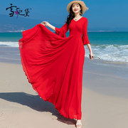 红色长袖雪纺连衣裙，女夏2024收腰时尚大摆长款显瘦到脚踝裙子