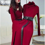 红色针织连衣裙法式修身显瘦包臀打底长款毛衣裙子秋冬季2022