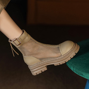 厚底马丁靴女夏季薄款凉靴中跟平底网状，透气镂空网靴2023短靴