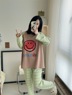 可爱笑脸睡衣女秋季长袖长裤简约少女，外穿家居服套装pinkweo