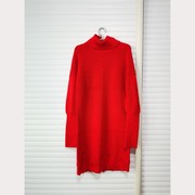 欧美外贸原单女秋冬季长袖高领针织毛衣长款毛线裙破洞红色连衣裙