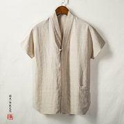 夏季中国风男装短袖亚麻衬衫，宽松大码唐装中式棉麻，上衣居士禅茶服
