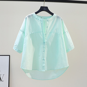 小清新浅绿色棉布衬衫，女圆领宽松短袖衬衣2024春季设计感上衣