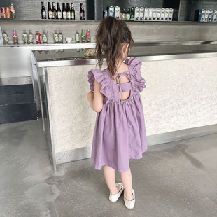 2024夏装3-8岁女童紫色花边，飞袖连衣裙纯棉布无袖裙子