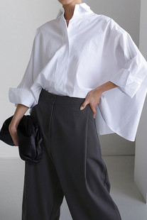纯诗曼春夏长袖衬衫，女韩版宽松大码纯棉，白色斗篷型蝙蝠袖时尚衬衣