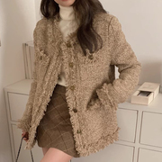 韩国chic秋冬气质小香风，百搭多口袋长袖外套，+高腰格纹半身裙套装