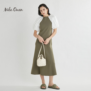 Mila Owen 夏季款设计感优雅温柔拼色泡泡袖显瘦连衣裙长款女士