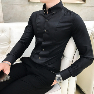 发型师衬衫男长袖心机韩版设计感修身男士衬衣，帅气法式袖扣寸衫潮