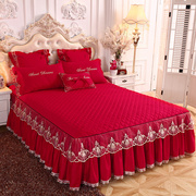 婚庆大红色夹棉床裙n式床罩单件公主风蕾丝刺绣花边加厚保护套防