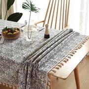 桌布新中式复古青花瓷棉麻ins长方形餐桌台布流苏桌垫茶几桌布
