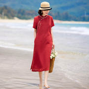 红色改良旗袍夏季苎麻，刺绣高考送考旗袍裙，短袖复古绣花连衣裙