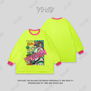 yhay2024年春夏荧光绿字母，个性涂鸦图案宽松大版潮牌长袖t恤