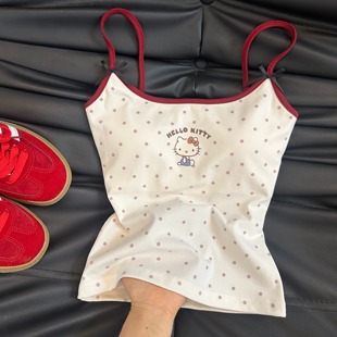 美式复古辣妹吊带女夏季hellokitty印花带胸垫撞色背心修身上衣潮