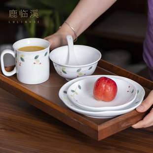 景德镇陶瓷餐具套装釉下彩，手绘米饭碗，新中式田园风家用面碗菜盘子