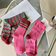 3双装袜子女秋冬玫红拼色棉质，中筒袜子双针女袜，堆堆袜独立包装