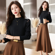 韩版秋冬优雅气质镂空蕾丝，拼接针织衫搭配高腰，中长款半裙套装