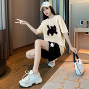 重磅棉休闲运动套装女夏季韩版圆领时尚宽松短袖五分裤两件套