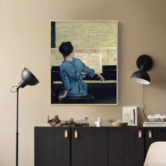 弹钢琴的女子装饰画复古风挂画卧室床头壁挂画音乐教室餐厅艺术画