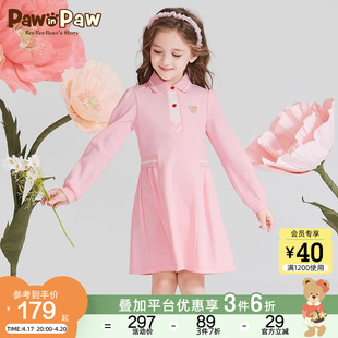 pawinpaw卡通小熊童装，春季女童连衣裙，儿童撞色淑女风