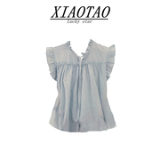 xiaotao法式棉麻无袖衬衫，女夏设计感花边宽松显瘦百搭小飞袖上衣