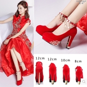 中式婚鞋女2022红色高跟鞋结婚鞋子新娘鞋粗跟防水台气质红鞋