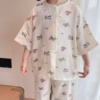 韩国儿童夏季五分袖长裤家居服套装，纱布棉男童，短袖睡衣女童空调服