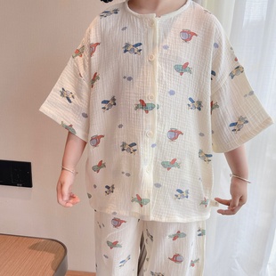 韩国儿童夏季五分袖长裤家居服套装纱布棉男童短袖睡衣女童空调服