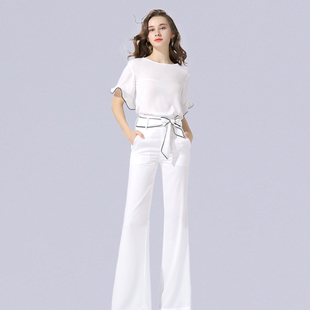 欧美气质衬衣裤套装白色，女短袖荷叶袖，雪纺阔腿裤夏季欧美时尚套装