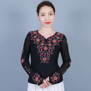 新疆舞蹈广场舞服装上衣长袖女牛奶丝民族，维族舞台演出服表演修身
