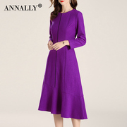 Annally冬装修身显瘦优雅气质不规则紫色羊毛呢连衣裙女