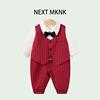 英国nextmknk周岁宝宝绅士，礼服春秋长袖，婴儿红色条纹领结连体衣