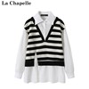 拉夏贝尔/La Chapelle秋季假两件针织毛衣衬衣小众条纹长袖衬衫女