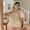 自制奶黄色小众法式短袖，衬衫女日系甜美学院，风减龄宽松polo领衬衣