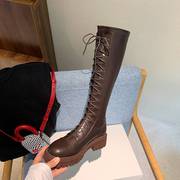 棕色真皮女靴长筒骑士靴女2023厚底长靴粗跟高筒靴弹力瘦瘦靴