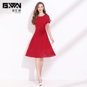 裙子2024年夏季红色连衣裙显瘦遮肉收腰短袖气质雪纺裙女夏