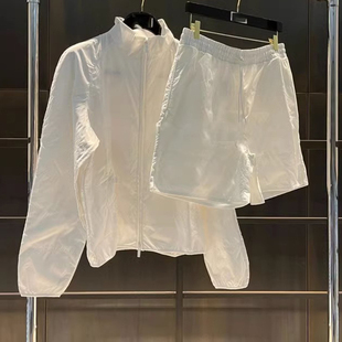 运动套装女夏季2023小个子时尚休闲白色长袖防晒衣短裤两件套