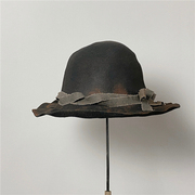 原创圆顶波浪帽檐羊毛黑色复古帽子暗黑火烧盆帽女冬布装饰渔夫帽