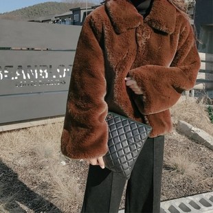 2023秋冬韩版女夹克ins上衣外套，仿兔毛皮草短款方领加厚长袖