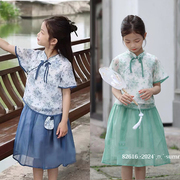 女童夏季汉服套裙雪纺，小女孩夏季雪纺裙，两件套中国风复古中式唐装