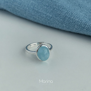 天然海蓝宝戒指 s925纯银推拉可调节食指环小众设计高级感女