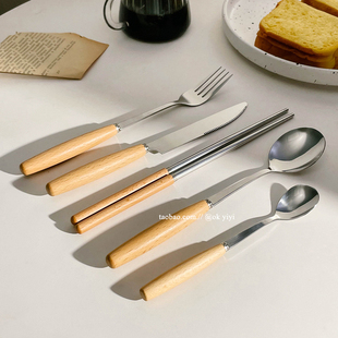 日式木柄不锈钢筷子叉勺子简约西餐餐具套装ins甜品勺牛排叉