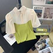 绿色针织拼接雪纺衬衫女2023夏季设计感翻领，假两件泡泡袖上衣