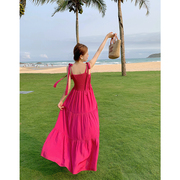 红色三亚海边度假风沙滩裙甜美减龄抹胸一字领吊带裙连衣裙女夏装