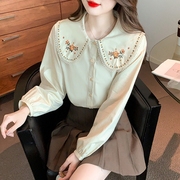 法式刺绣娃娃领衬衫，女2023春装气质显瘦独特洋气别致长袖上衣