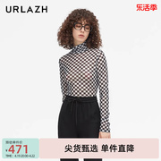 URLAZH有兰洋气轻薄高领时尚棋盘格透视长袖打底衫女