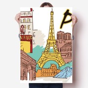 法国巴黎埃菲尔铁塔水彩画海报贴纸80x55cm墙贴纸卧室家居装饰