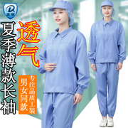 食品厂工作服夏季薄款长袖涤棉透气吸汗工厂车间防护蓝色男女套装